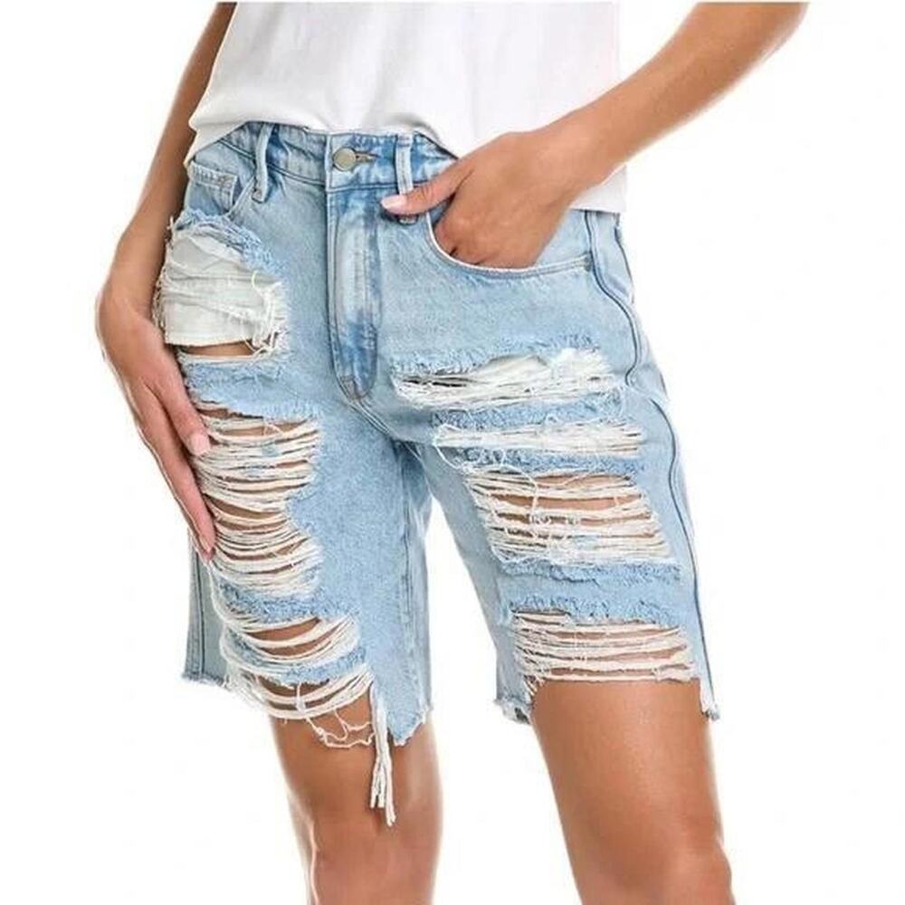 Good American Light Wash Distressed Denim Bermuda Shorts